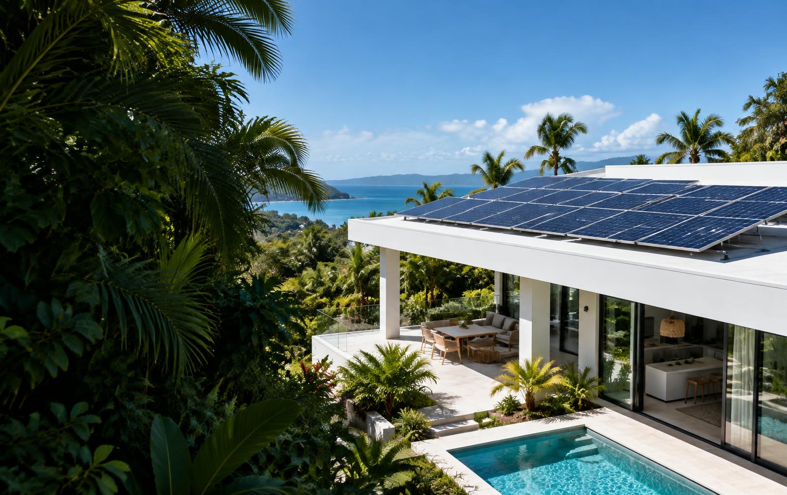 Ilustración de una vivienda tropical con paneles solares en el techo